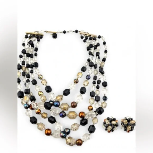 Vintage Germany stamped Black and Gold 5 Strand AB Beaded Necklace - Picture 4 of 14